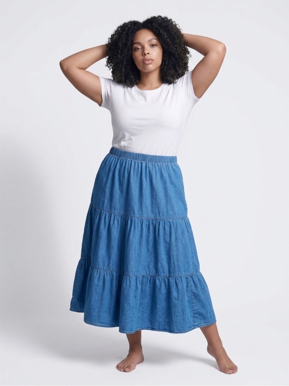 Lane Bryant 100 % Cotton Blue Tiered Denim Maxi Skirt size 14/16